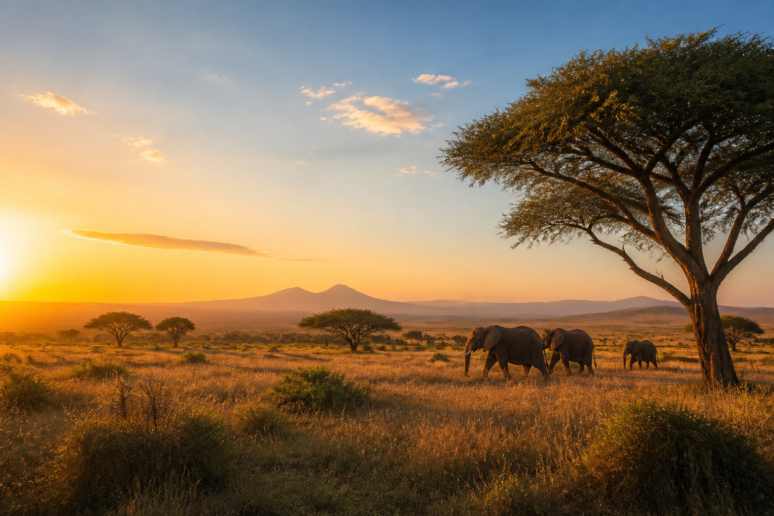 Elephants walking across an African savanna at sunrise.
