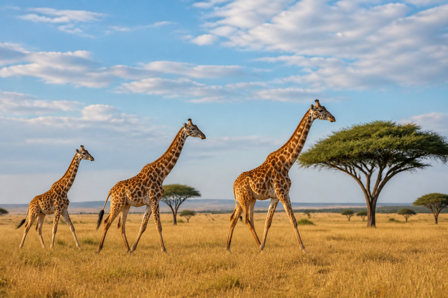 Giraffes walking across an African savanna.