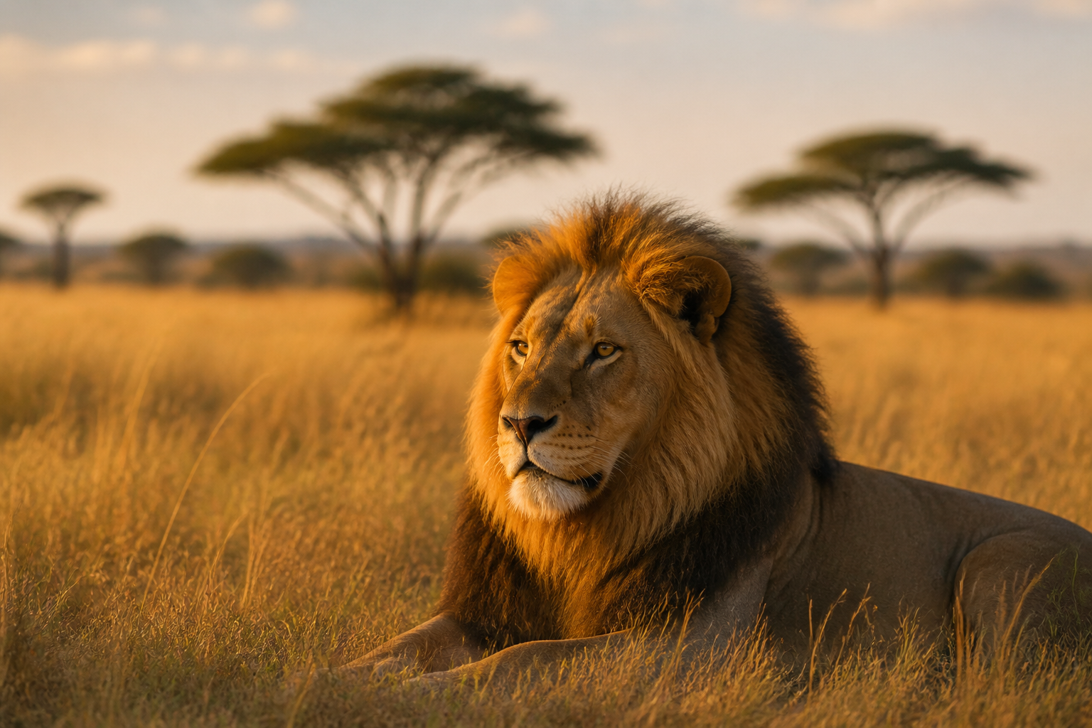 A lion resting in tall savanna grass.